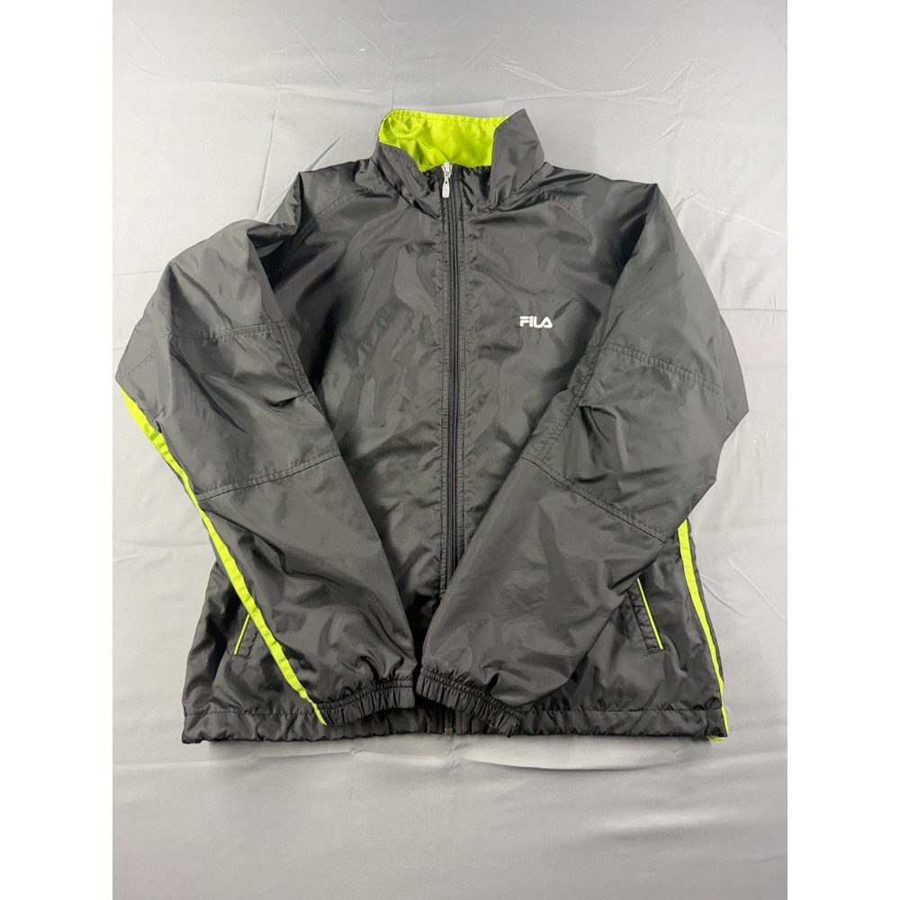 FILA Mens Large Windbreaker Jacket Black Neon Green Full Zip Track Lightweight